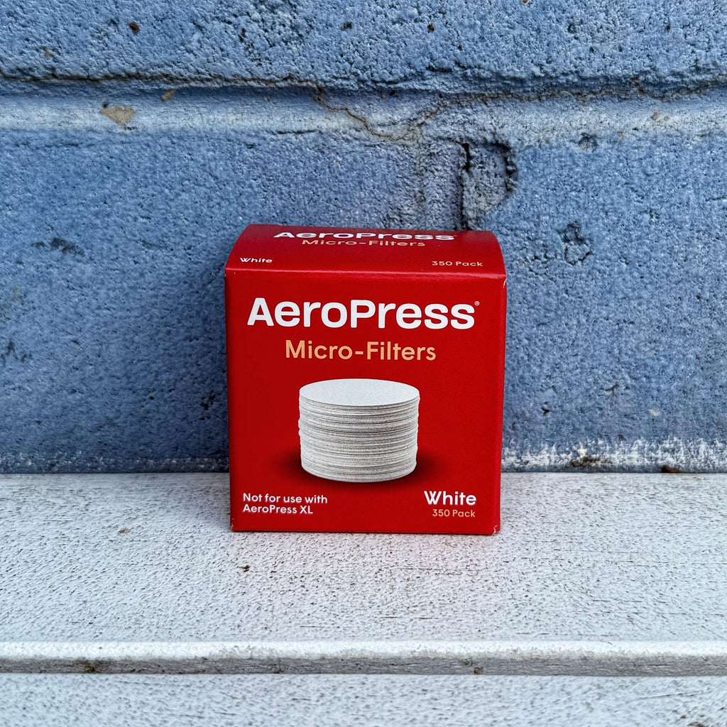 Red box of Aeropress Micro-Filters against a blue concrete wall.