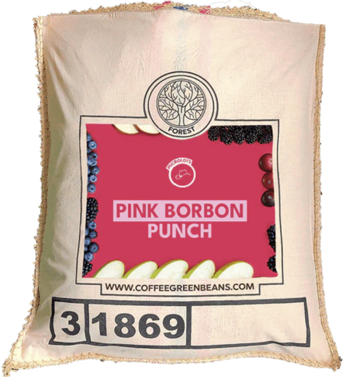 Bag of coffee green beans labeled 'Pink Borbon Punch' with a visible brand logo.