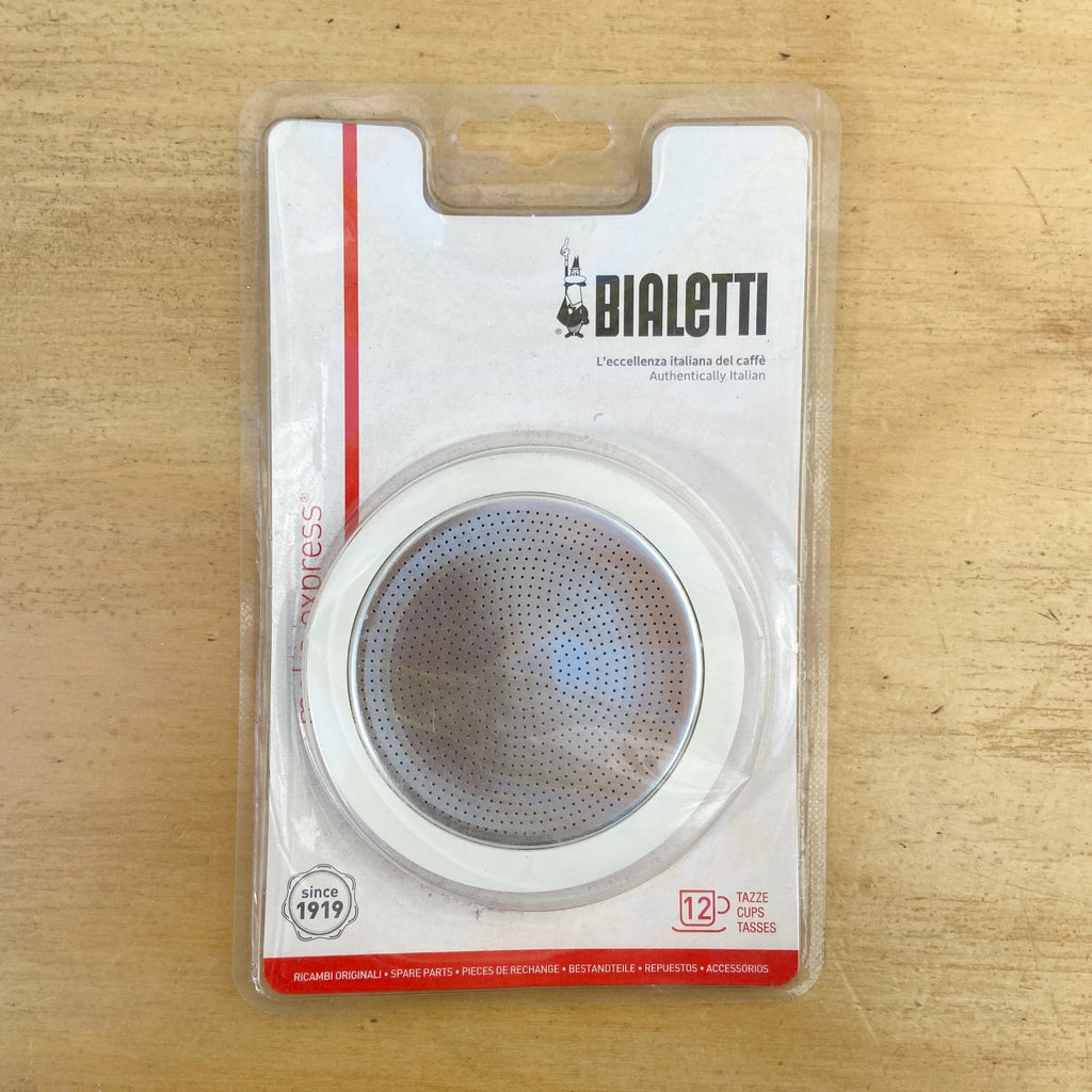 Bialetti Moka Express Replacement Filters in original packaging, featuring a white filter and a clear plastic front.