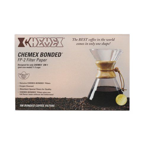 Packaging of Chemex Bound Half Moon Filter Papers with an image of a coffee machine on the front.